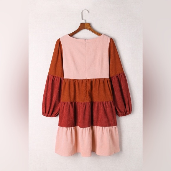 Color Block Square Neck Tiered Dress Pink/Tangerine - Picture 6 of 12